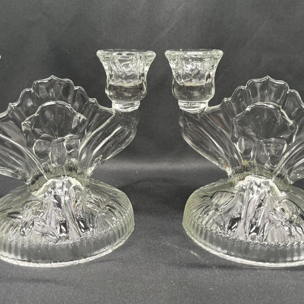 Pair of Vintage Jeannette Iris and Herringbone Double Candlestick Holder